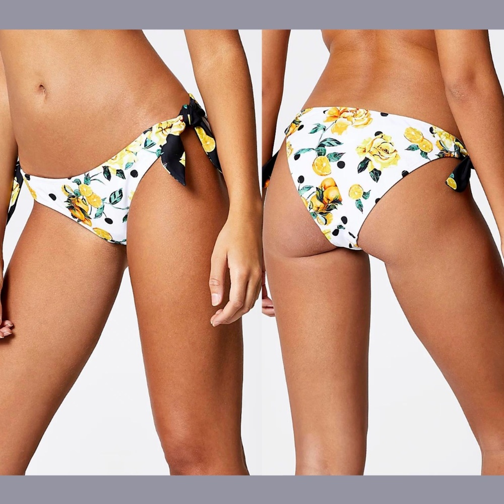 NEW‎ River Island [ 6 US ] Floral Lemon Blocked Tie Side Bikini Bottom White